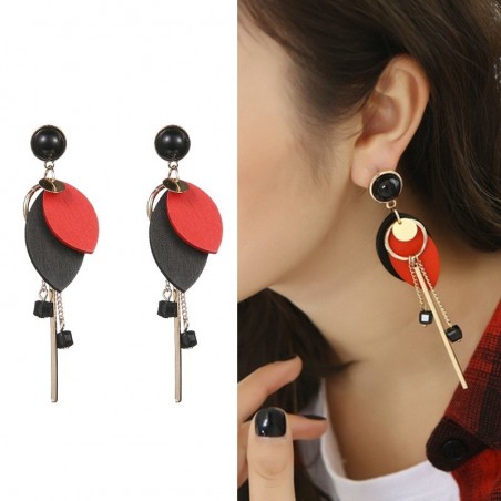 Long earrings - wooden leaves / black beadsEarrings