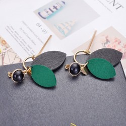 Long earrings - wooden leaves / black beadsEarrings