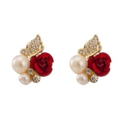 Elegant stud earrings - red rose / pearls / butterfly - crystalsEarrings