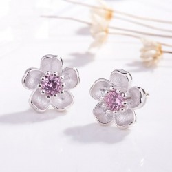 Cherry blossom with pink zirconia - stud earrings - 925 sterling silverEarrings