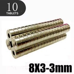 N35 - neodymium magnet - strong disc - 8mm * 3mm - with 3mm hole - 10 piecesN35