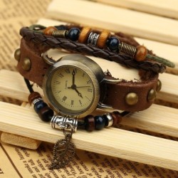 Vintage multi layer leather bracelet - with Quartz watch / beadsWatches