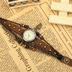 Vintage multi layer leather bracelet - with Quartz watch / beadsWatches
