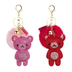 Crystal teddy bear with fur pom pom - keychainKeyrings