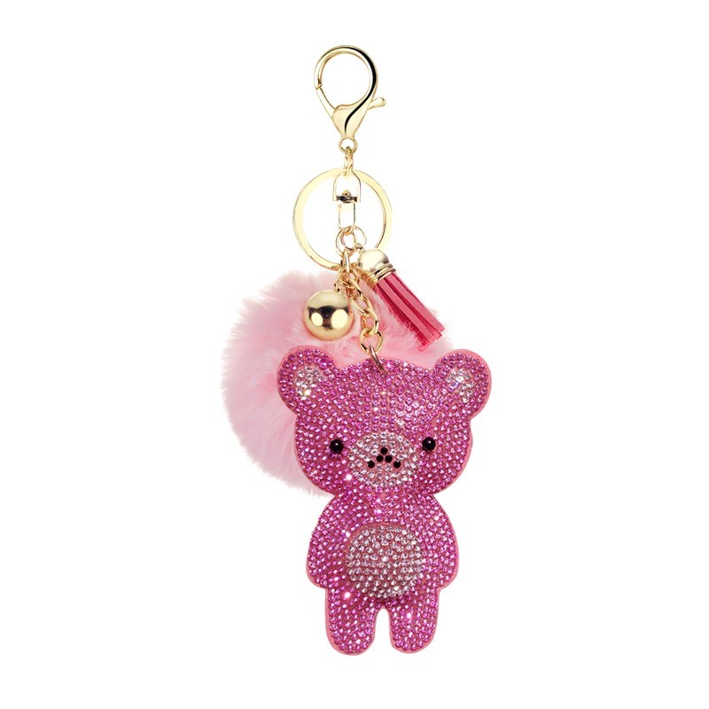 Crystal teddy bear with fur pom pom - keychainKeyrings