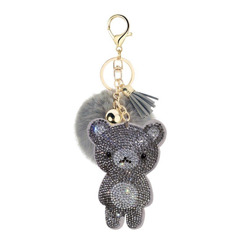 Crystal teddy bear with fur pom pom - keychainKeyrings