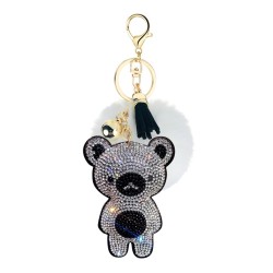 Crystal teddy bear with fur pom pom - keychainKeyrings