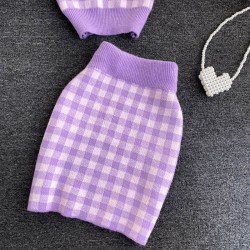 Knitted plaid set - skirt - vest - cardiganDresses