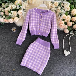 Knitted plaid set - skirt - vest - cardiganDresses
