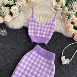 Knitted plaid set - skirt - vest - cardiganDresses