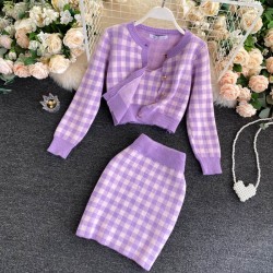Knitted plaid set - skirt - vest - cardiganDresses