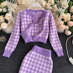 Knitted plaid set - skirt - vest - cardiganDresses