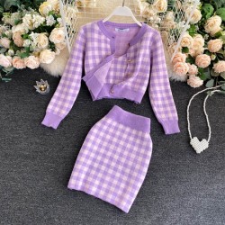 Knitted plaid set - skirt - vest - cardiganDresses