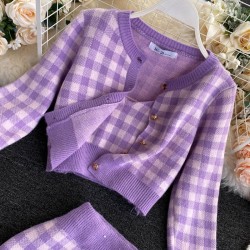 Knitted plaid set - skirt - vest - cardiganDresses