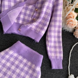 Knitted plaid set - skirt - vest - cardiganDresses