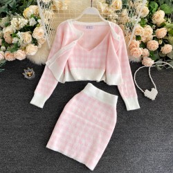 Knitted plaid set - skirt - vest - cardiganDresses