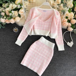 Knitted plaid set - skirt - vest - cardiganDresses