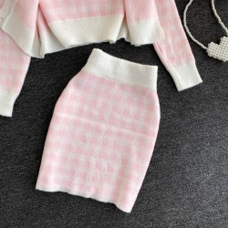 Knitted plaid set - skirt - vest - cardiganDresses
