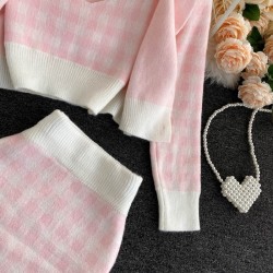 Knitted plaid set - skirt - vest - cardiganDresses