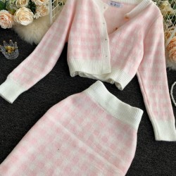Knitted plaid set - skirt - vest - cardiganDresses