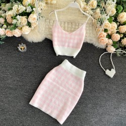 Knitted plaid set - skirt - vest - cardiganDresses