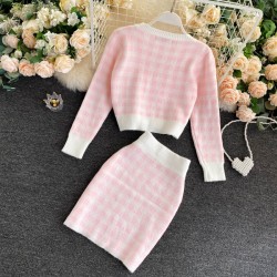 Knitted plaid set - skirt - vest - cardiganDresses