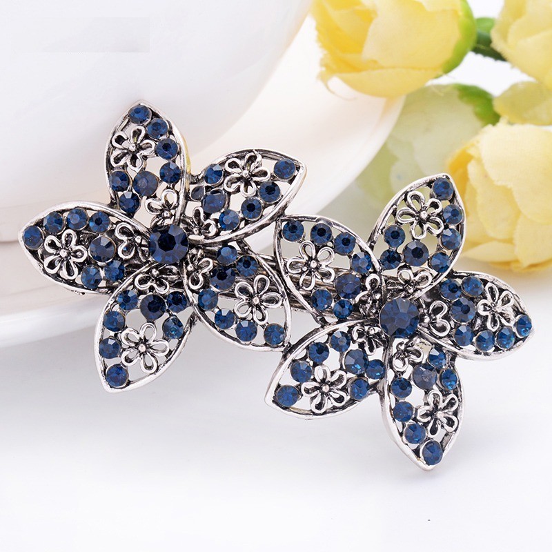 Elegant hair clip - double blue crystal flowersHair clips
