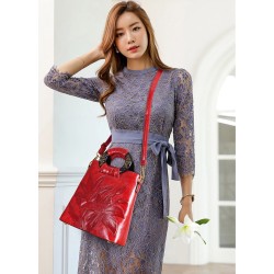 Elegant leather shoulder bag - printed flowersHandbags