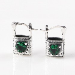 Silver lock / green crystal heart - silver earringsEarrings