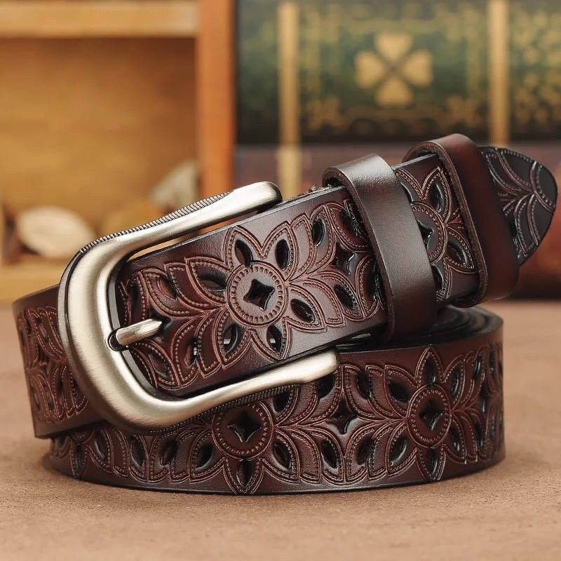 Carved genuine leather belt - with a metal buckleBelts