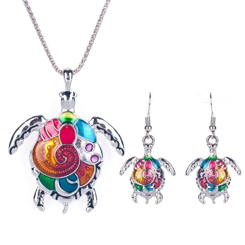 Jewelry set with a rainbow turtle - necklace / earringsJewellery Sets