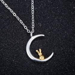 Crescent moon / golden rabbit pendant - silver necklaceNecklaces
