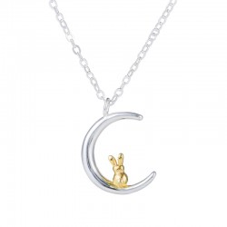 Crescent moon / golden rabbit pendant - silver necklaceNecklaces