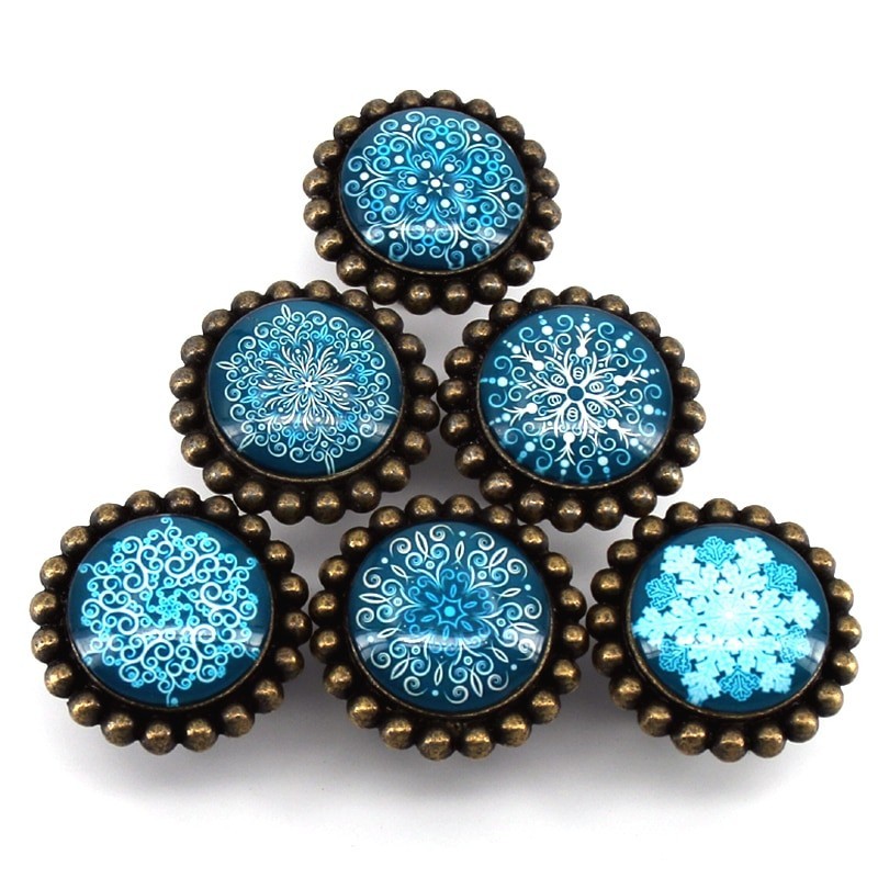 Round furniture handles - knobs - white / blue crystal snowflakes - 6 piecesFurniture