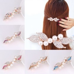 Elegant golden hairpin - crystal leaves / pearlsHair clips