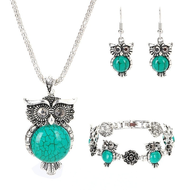 Silver jewellery set - with owls - necklace / earrings / braceletJewellery Sets