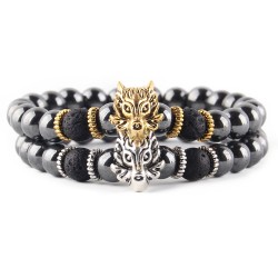 Natural stone - black beads - bracelet - metal wolf / owl / buddhaBracelets
