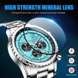 LIGE - luxury stainless steel Quartz watch - luminous - leather strap - waterproof - turquoiseWatches