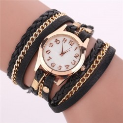 Multilayer leather bracelet - with a round Quartz watchBracelets