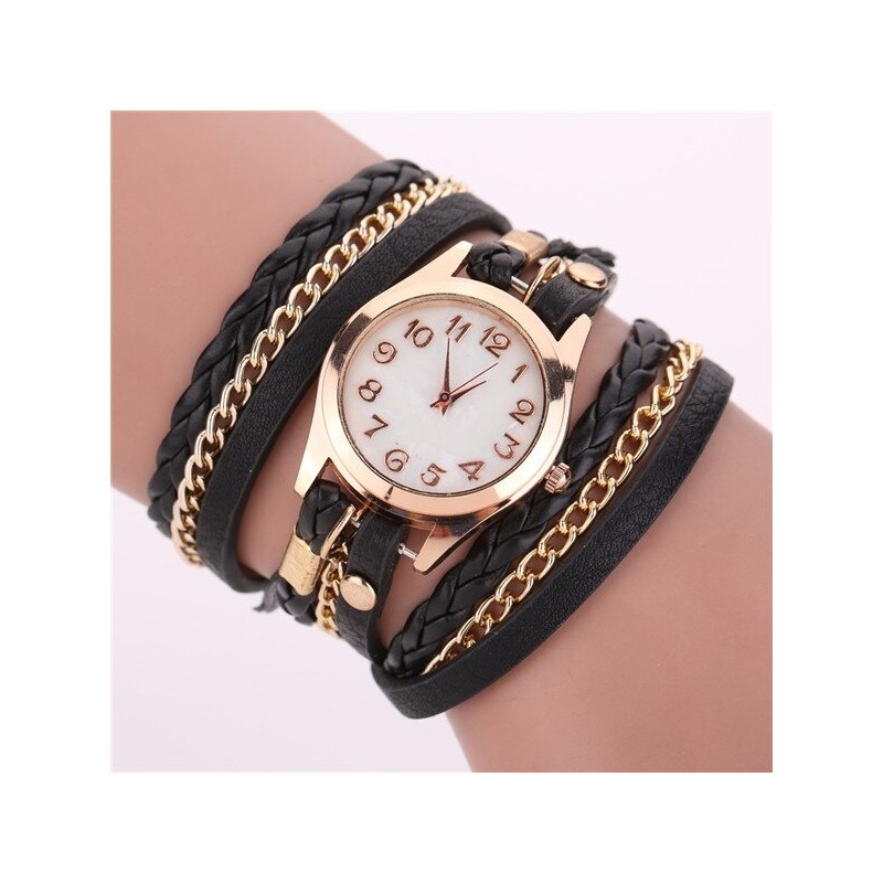 Multilayer leather bracelet - with a round Quartz watchBracelets