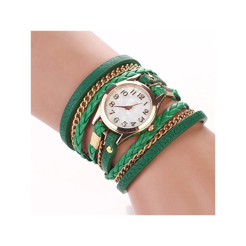 Multilayer leather bracelet - with a round Quartz watchBracelets