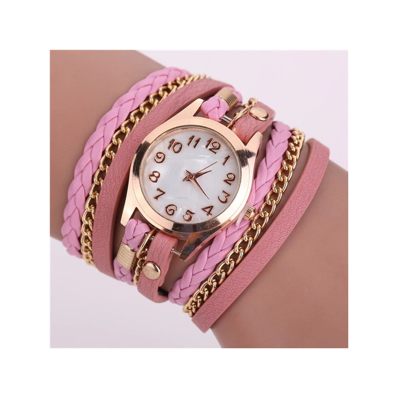 Multilayer leather bracelet - with a round Quartz watchBracelets
