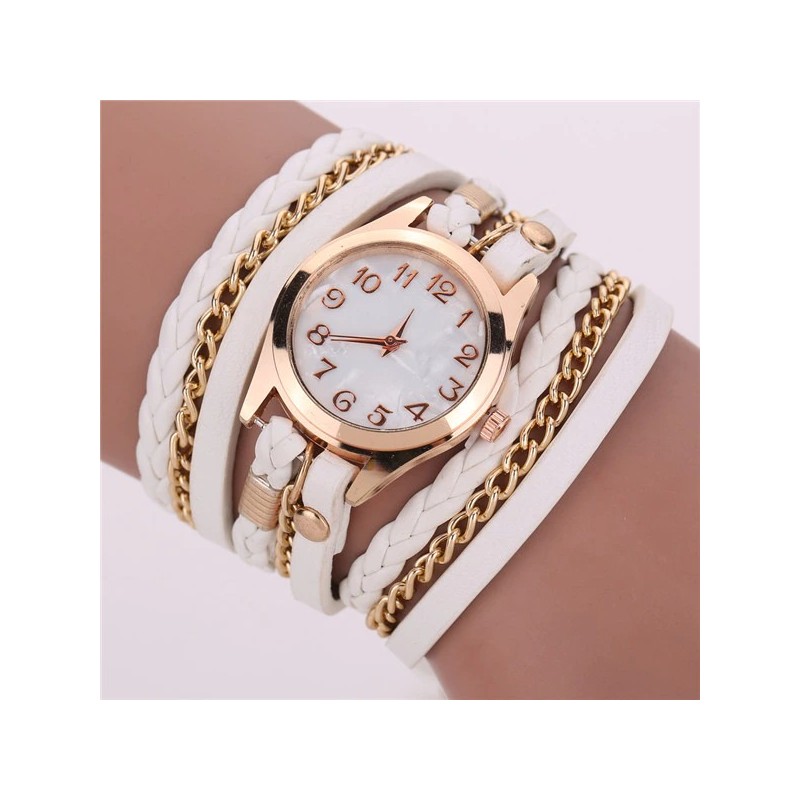 Multilayer leather bracelet - with a round Quartz watchBracelets