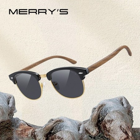 MERRYS - classic polarized sunglasses - semi-rimless - wooden temple - UV400Sunglasses