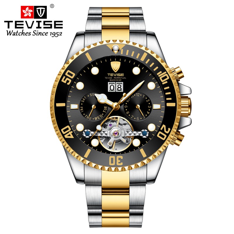 TEVISE - elegant automatic watch - stainless steel - waterproof - gold / blackWatches