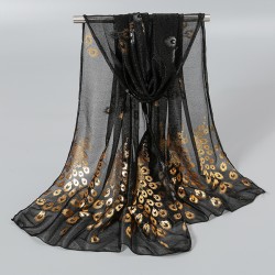 Elegant long chiffon scarf - peacock / feathers printedScarves