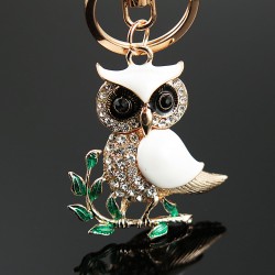 Sitting on the branch white crystal owl - keychainKeyrings