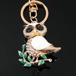 Sitting on the branch white crystal owl - keychainKeyrings