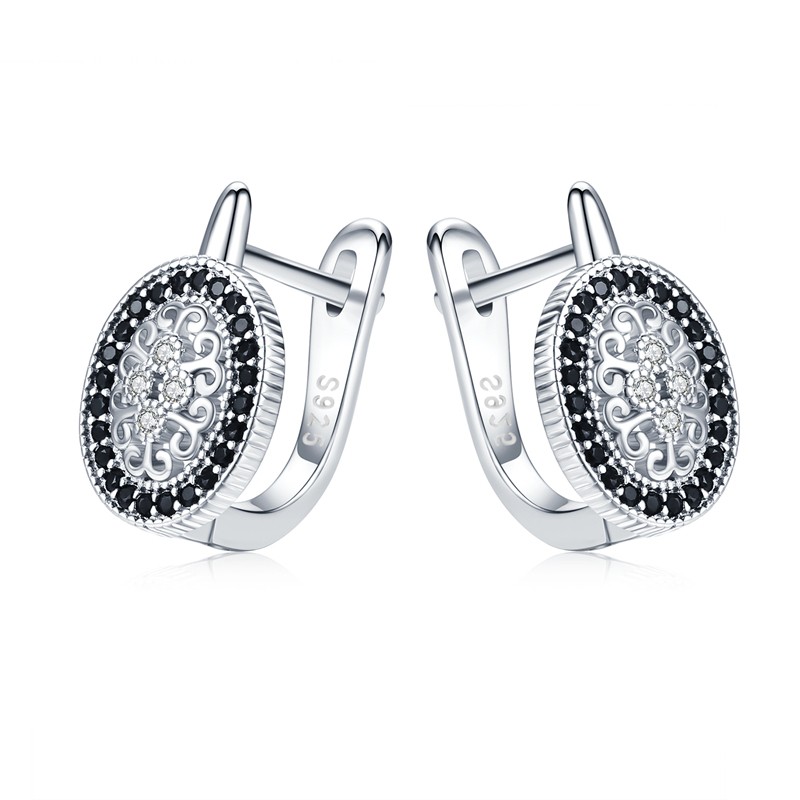 Elegant round silver earrings - white / black crystalsEarrings
