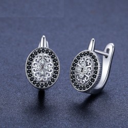 Elegant round silver earrings - white / black crystalsEarrings